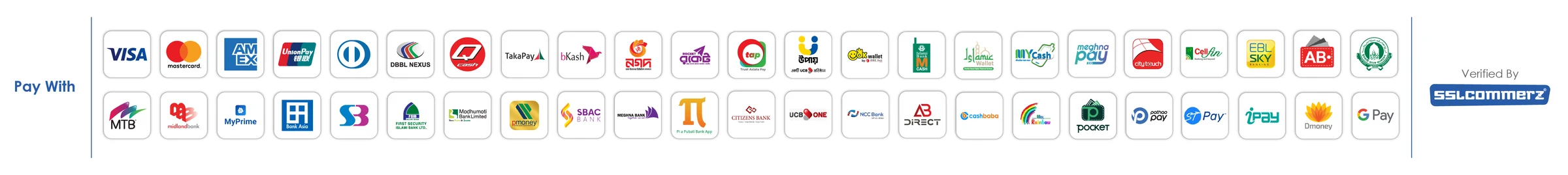 Visa, Mastercard, bKash, Nagad, Rocket সহ আরও অনেক উপায়ে পেমেন্ট করা যায়। ভেরিফাই করেছে SSLCommerz।